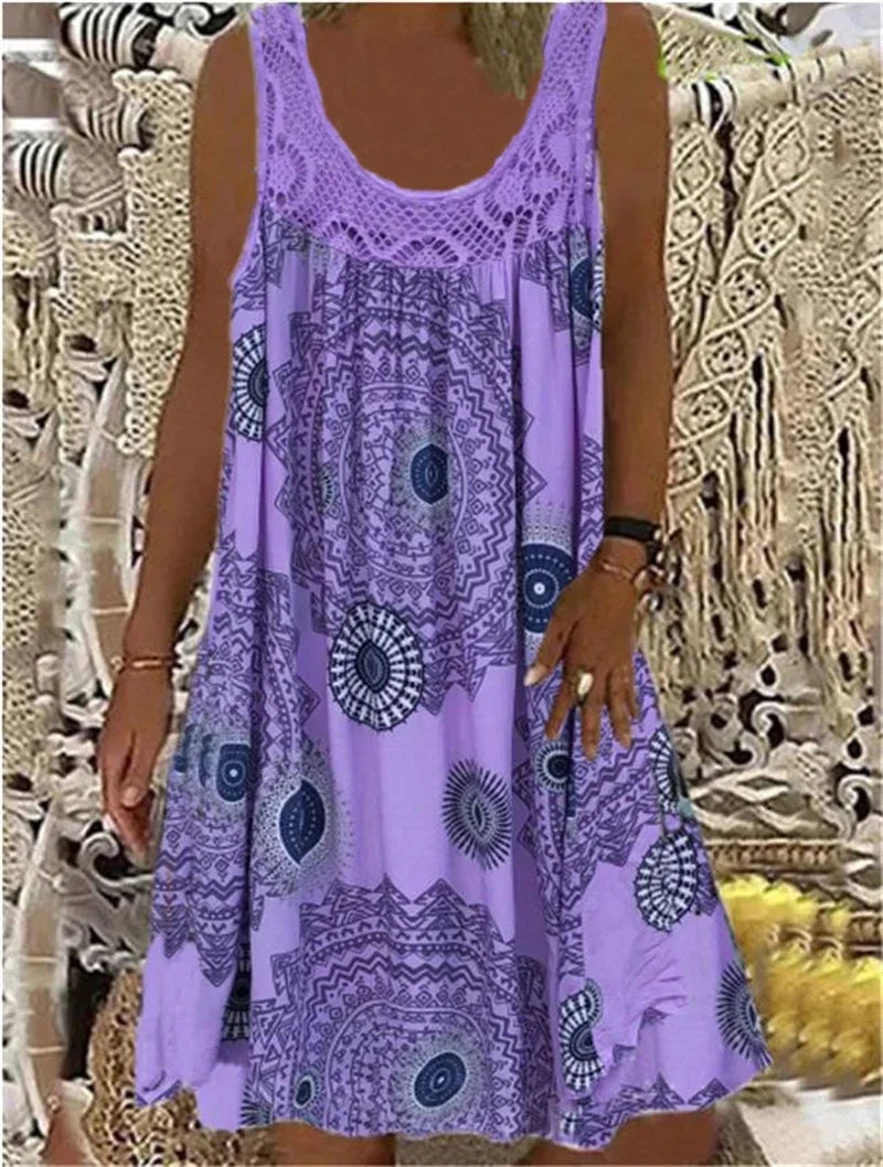 Women’s Sleeveless Boho Print Dress – A-Line Pleated Hem Lace Splice Knee-Length Summer Dress – Casual, Holiday & Beach – Sizes S–XXXL