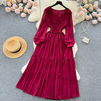 Vintage Chiffon Long Dress Women Elegant V-neck Long Sleeved Casual Dresses French Pleated Slim A-line Long Robe Vestidos