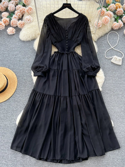 Vintage Chiffon Long Dress Women Elegant V-neck Long Sleeved Casual Dresses French Pleated Slim A-line Long Robe Vestidos