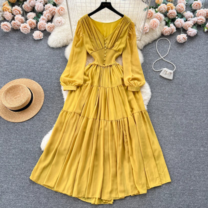 Vintage Chiffon Long Dress Women Elegant V-neck Long Sleeved Casual Dresses French Pleated Slim A-line Long Robe Vestidos