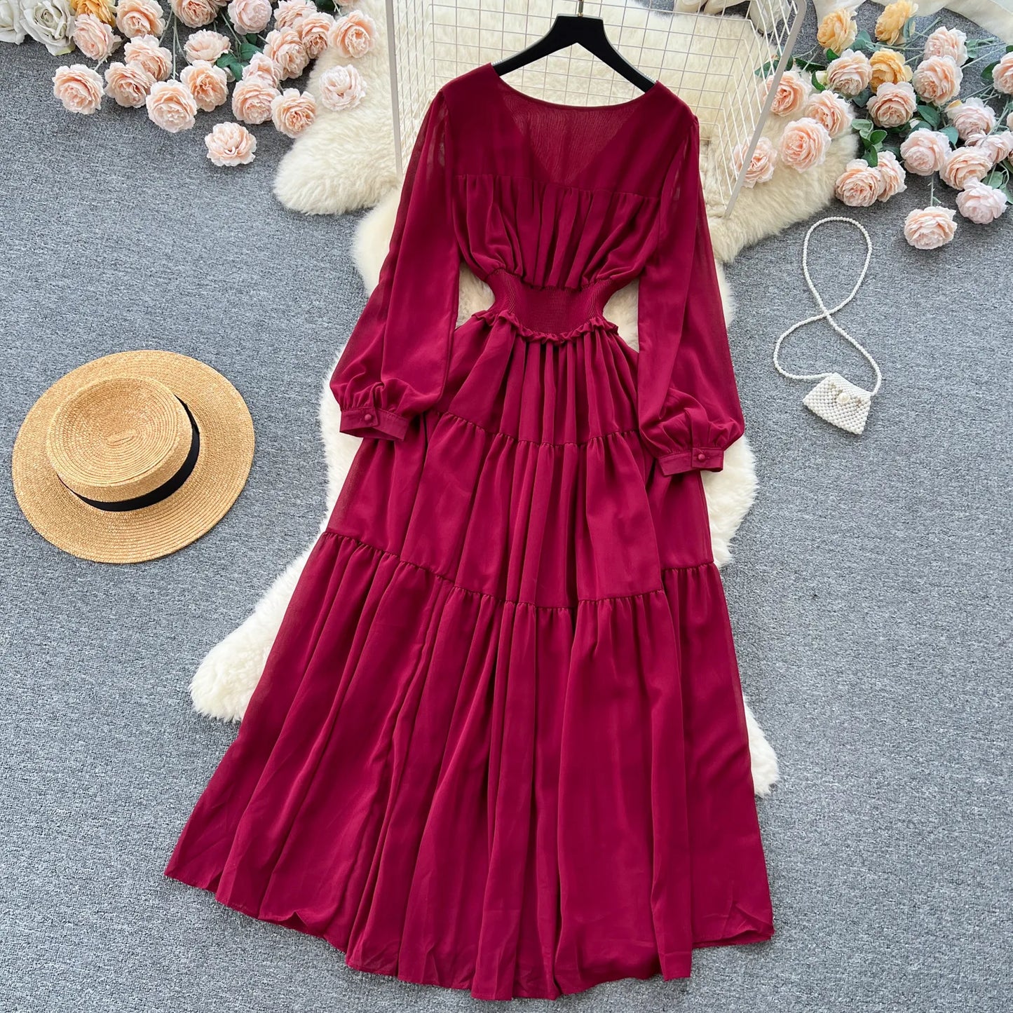 Vintage Chiffon Long Dress Women Elegant V-neck Long Sleeved Casual Dresses French Pleated Slim A-line Long Robe Vestidos