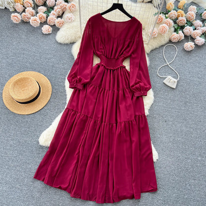 Vintage Chiffon Long Dress Women Elegant V-neck Long Sleeved Casual Dresses French Pleated Slim A-line Long Robe Vestidos