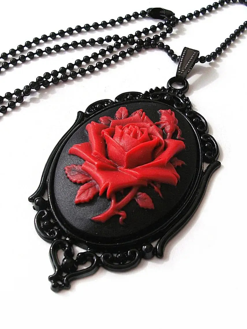 Rose Cameo Necklace, Gothic jewelry, Black bead chain, Victorian, Pagan, Alternative, Witchcraft accessories, Rose Choker, Gift