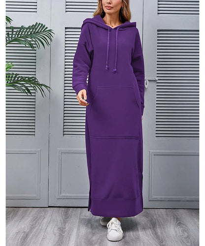 Women's Hoodie Midi Dress – Lace-Up Hem Hooded Sweatshirt Dress – Casual Loose Long Dress for Autumn & Winter