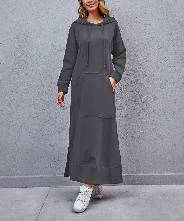 Women's Hoodie Midi Dress – Lace-Up Hem Hooded Sweatshirt Dress – Casual Loose Long Dress for Autumn & Winter