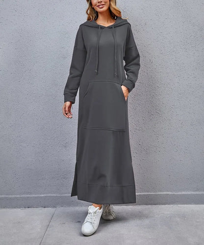 Women's Hoodie Midi Dress – Lace-Up Hem Hooded Sweatshirt Dress – Casual Loose Long Dress for Autumn & Winter