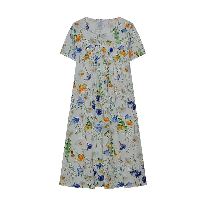 2024 Spring/Summer Women's Elegant Large Swing Skirt With Round Neck Printed Short Sleeved Dress