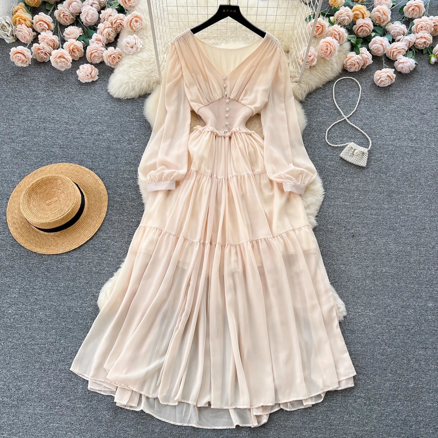 Vintage Chiffon Long Dress Women Elegant V-neck Long Sleeved Casual Dresses French Pleated Slim A-line Long Robe Vestidos