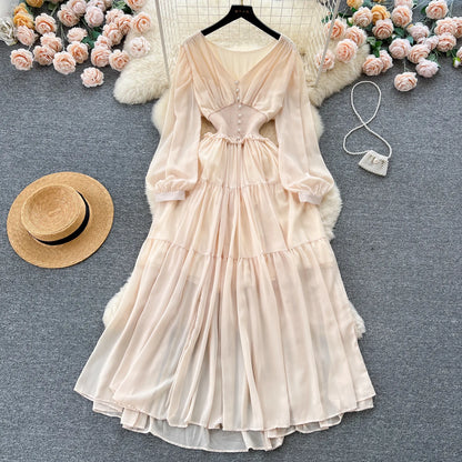 Vintage Chiffon Long Dress Women Elegant V-neck Long Sleeved Casual Dresses French Pleated Slim A-line Long Robe Vestidos
