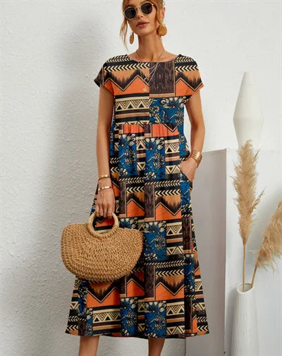 Women’s Floral Boho Midi Dress – A-Line Short Sleeve Cotton Blend Pleated Summer Dress – Casual, Beach & Party – Sizes S–XXL