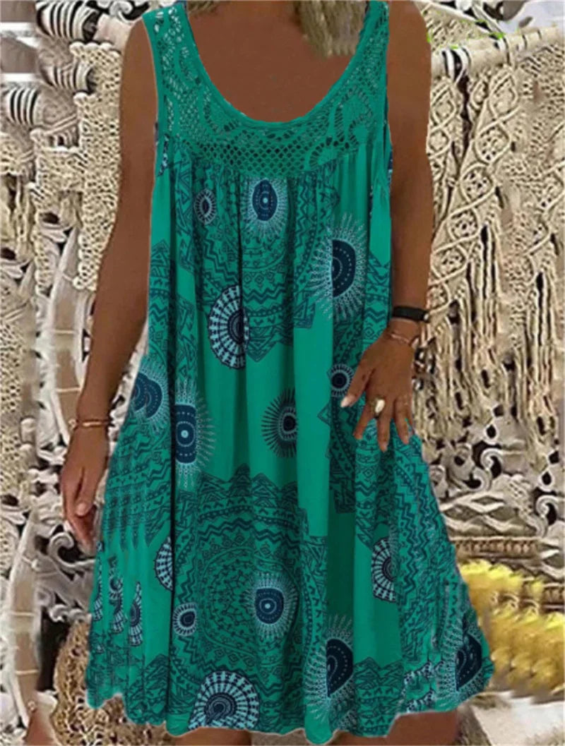 Women’s Sleeveless Boho Print Dress – A-Line Pleated Hem Lace Splice Knee-Length Summer Dress – Casual, Holiday & Beach – Sizes S–XXXL