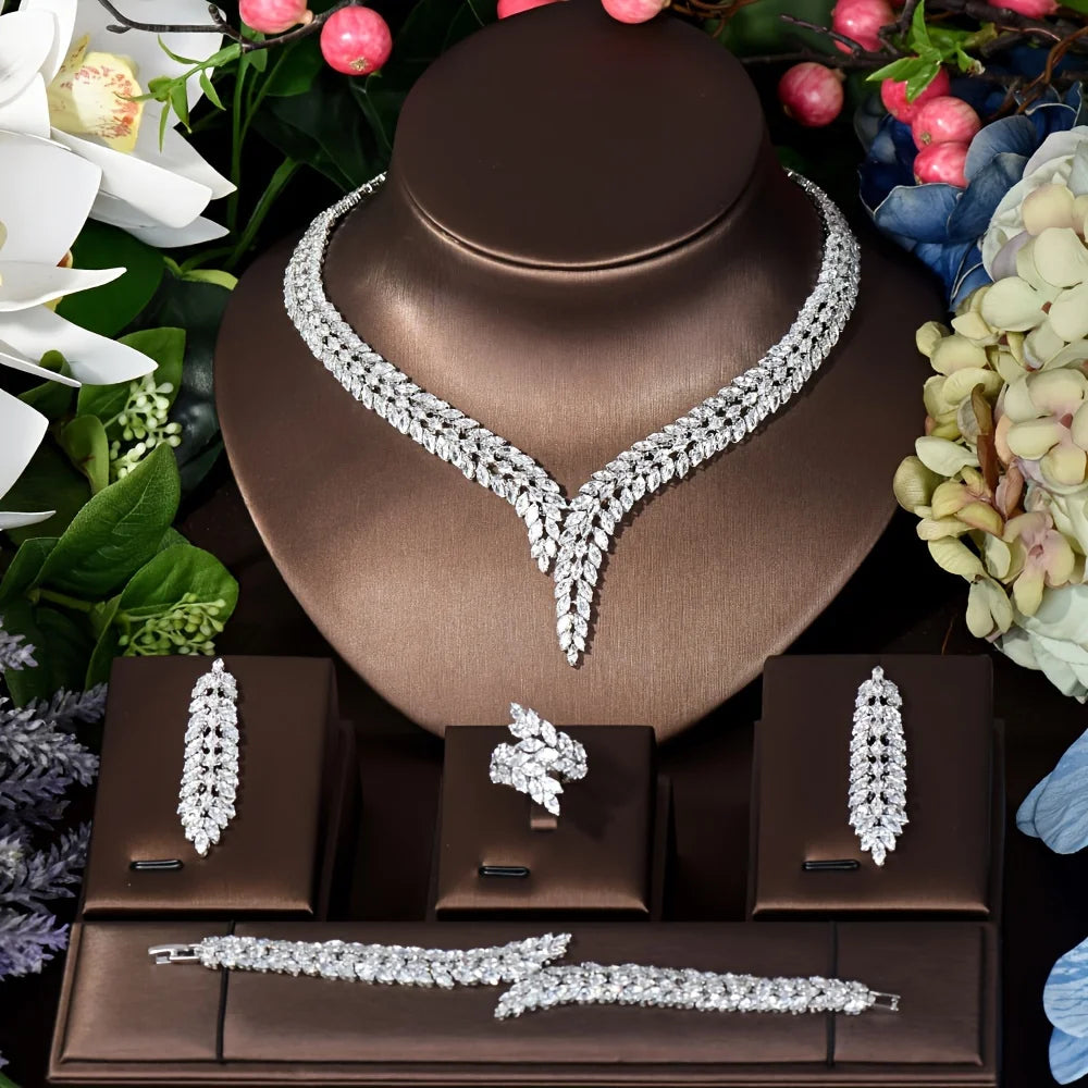 Cubic Zirconia 4-Piece Bridal Jewelry Set for Women – Necklace, Earrings, Ring & Bracelet