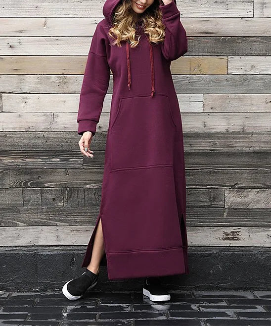 Women's Hoodie Midi Dress – Lace-Up Hem Hooded Sweatshirt Dress – Casual Loose Long Dress for Autumn & Winter