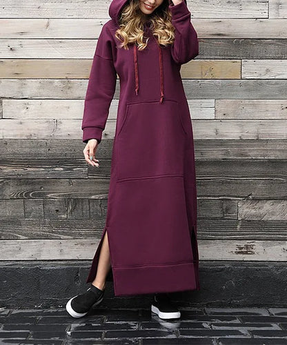 Women's Hoodie Midi Dress – Lace-Up Hem Hooded Sweatshirt Dress – Casual Loose Long Dress for Autumn & Winter