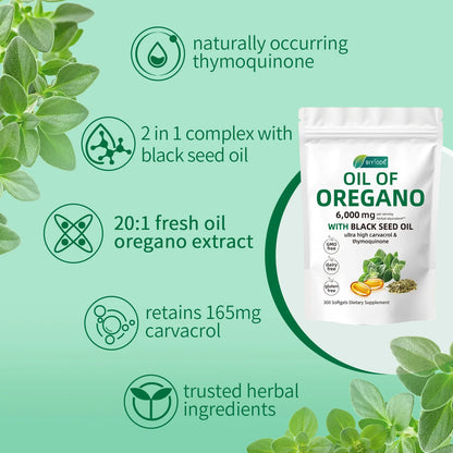 Oil of Oregano 6000mg Softgels with Black Seed Oil – Immune Support, Antioxidant & Fitness Recovery – 300 Softgels