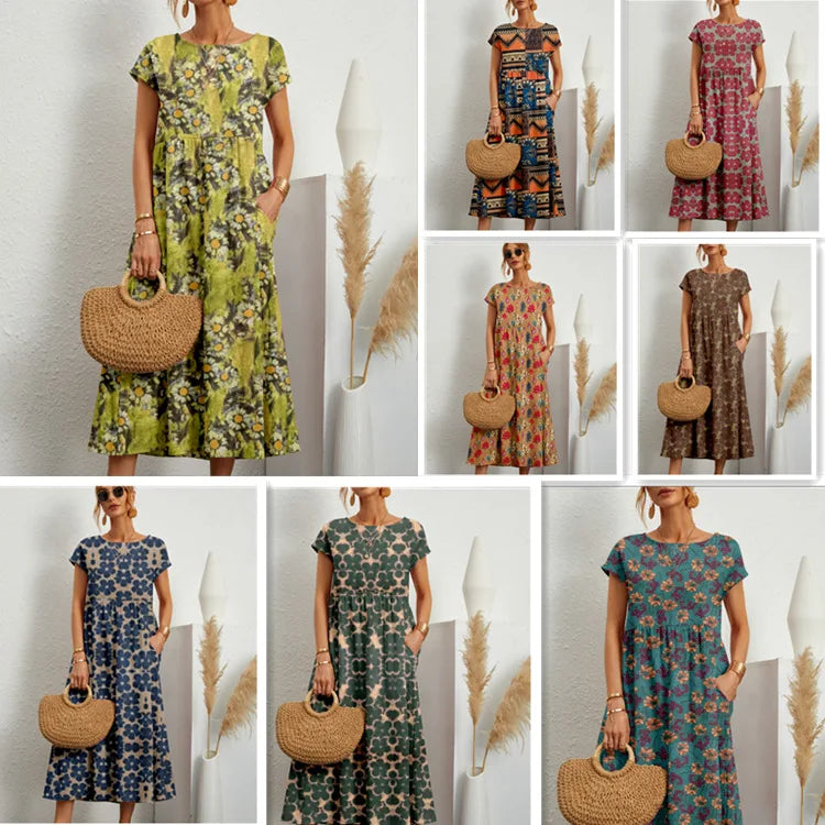 Women’s Floral Boho Midi Dress – A-Line Short Sleeve Cotton Blend Pleated Summer Dress – Casual, Beach & Party – Sizes S–XXL
