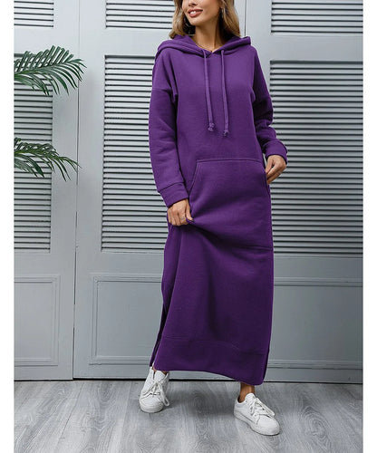 Women's Hoodie Midi Dress – Lace-Up Hem Hooded Sweatshirt Dress – Casual Loose Long Dress for Autumn & Winter