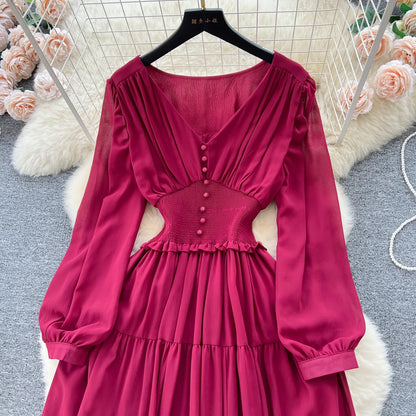 Vintage Chiffon Long Dress Women Elegant V-neck Long Sleeved Casual Dresses French Pleated Slim A-line Long Robe Vestidos