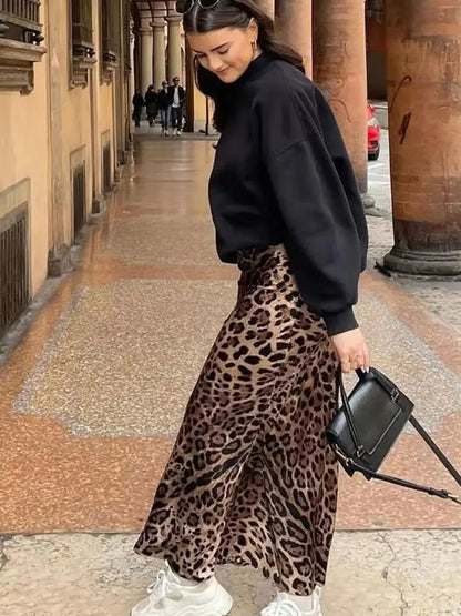 Women's Leopard Print Midi Skirt | High Waist, A-Line, Loose Fit