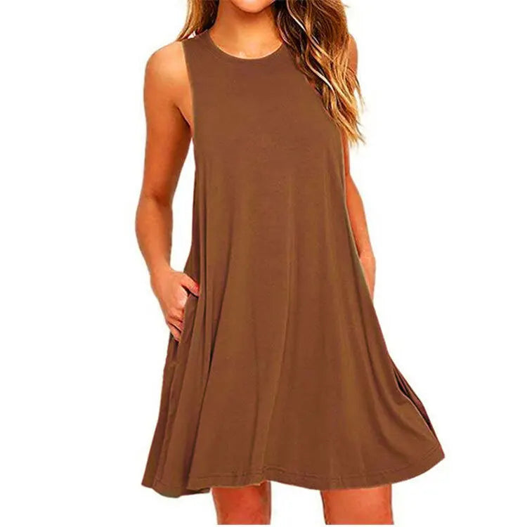 With Pocket Solid Color Sleeveless Loose Dress Women O Neck Mini Causal Dress Office Club Party Vestidos