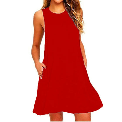 With Pocket Solid Color Sleeveless Loose Dress Women O Neck Mini Causal Dress Office Club Party Vestidos