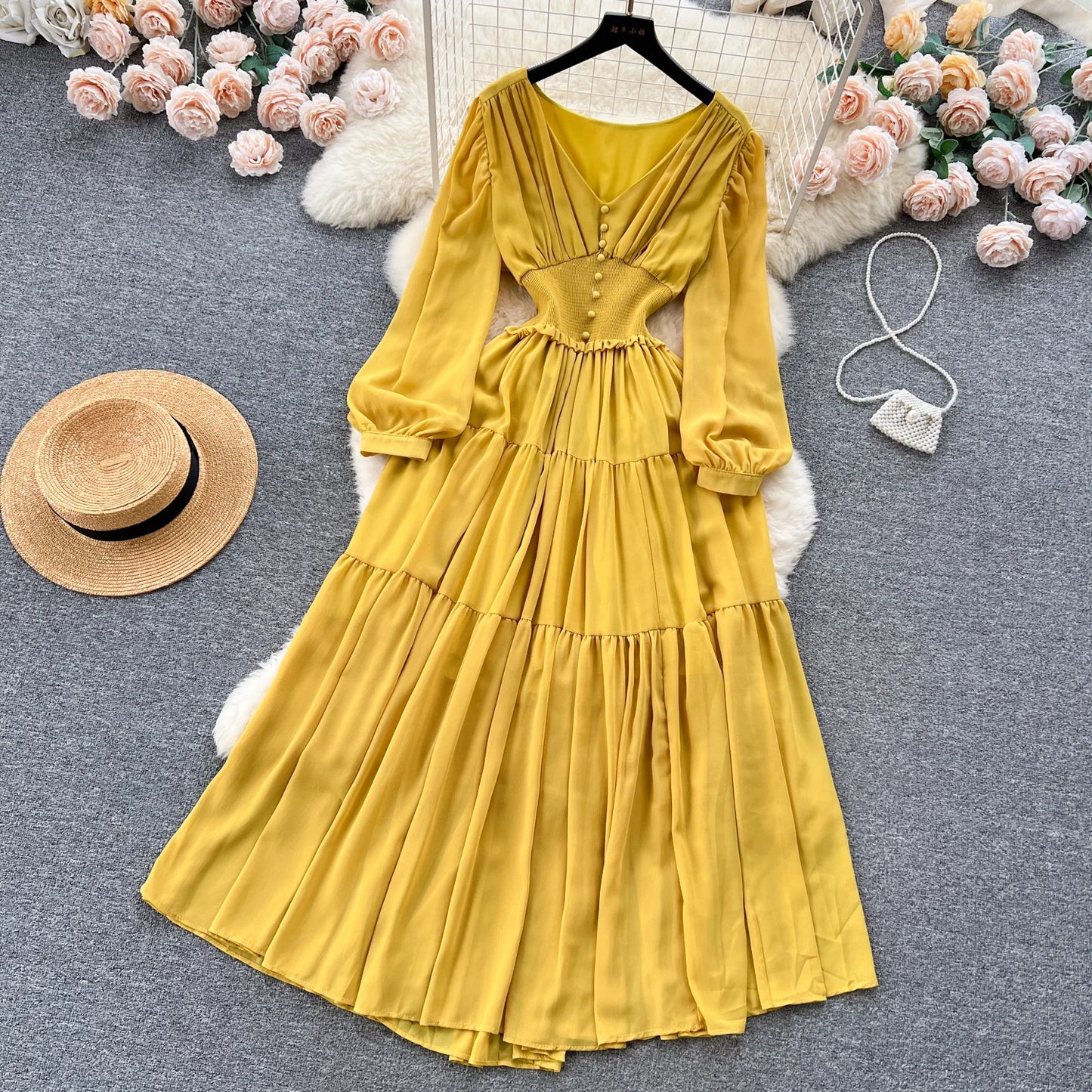 Vintage Chiffon Long Dress Women Elegant V-neck Long Sleeved Casual Dresses French Pleated Slim A-line Long Robe Vestidos
