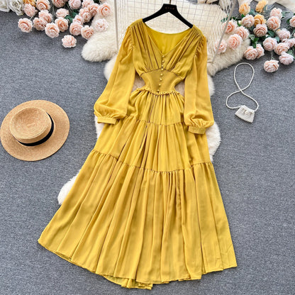 Vintage Chiffon Long Dress Women Elegant V-neck Long Sleeved Casual Dresses French Pleated Slim A-line Long Robe Vestidos