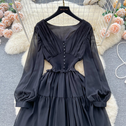 Vintage Chiffon Long Dress Women Elegant V-neck Long Sleeved Casual Dresses French Pleated Slim A-line Long Robe Vestidos