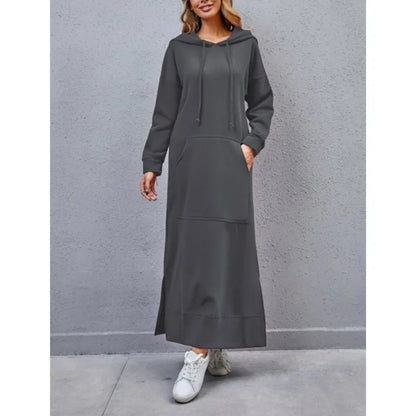 Women's Hoodie Midi Dress – Lace-Up Hem Hooded Sweatshirt Dress – Casual Loose Long Dress for Autumn & Winter