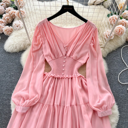 Vintage Chiffon Long Dress Women Elegant V-neck Long Sleeved Casual Dresses French Pleated Slim A-line Long Robe Vestidos