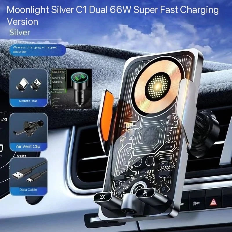 Wireless Car Phone Holder with 66W Fast Charging – Auto-Clamping, Dashboard & Vent Mount