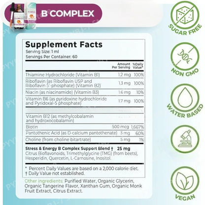 Vitamin B Complex Liquid Drops for Women – Vegan B1 B2 B3 B5 B6 Biotin Folate & Choline – Energy, Mood & Metabolism Support