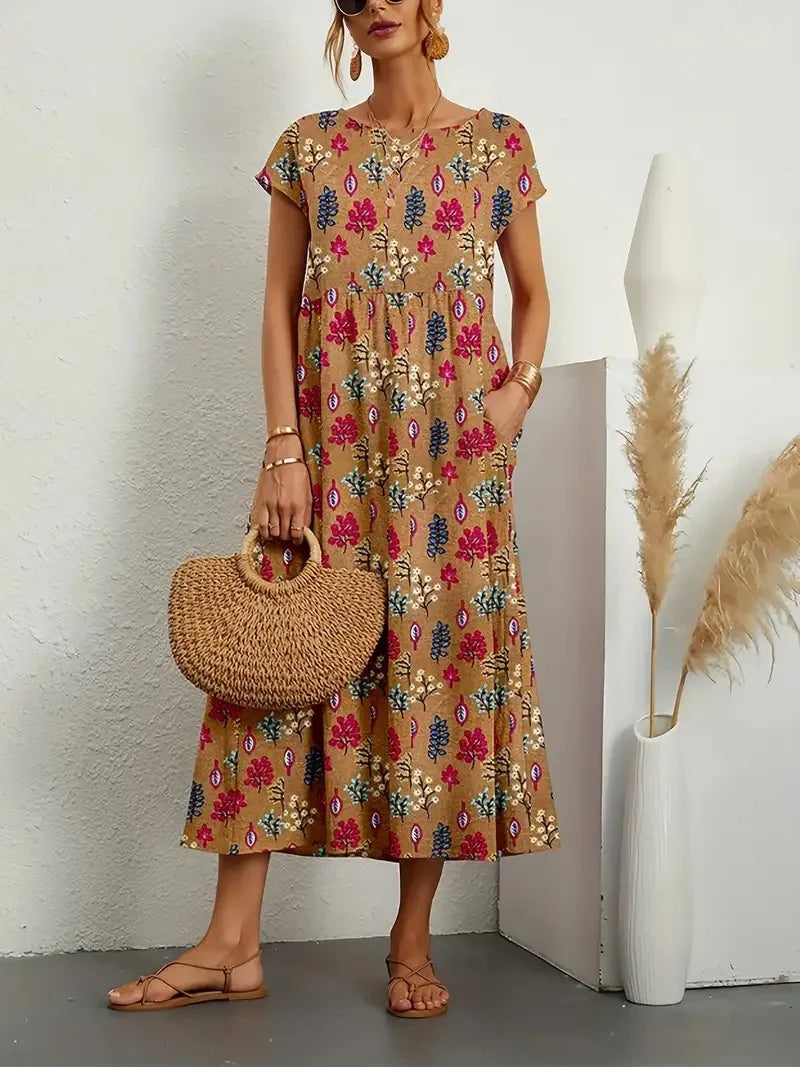 Women’s Floral Boho Midi Dress – A-Line Short Sleeve Cotton Blend Pleated Summer Dress – Casual, Beach & Party – Sizes S–XXL