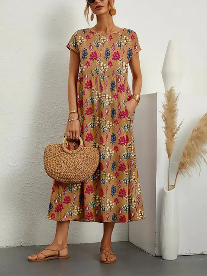Women’s Floral Boho Midi Dress – A-Line Short Sleeve Cotton Blend Pleated Summer Dress – Casual, Beach & Party – Sizes S–XXL