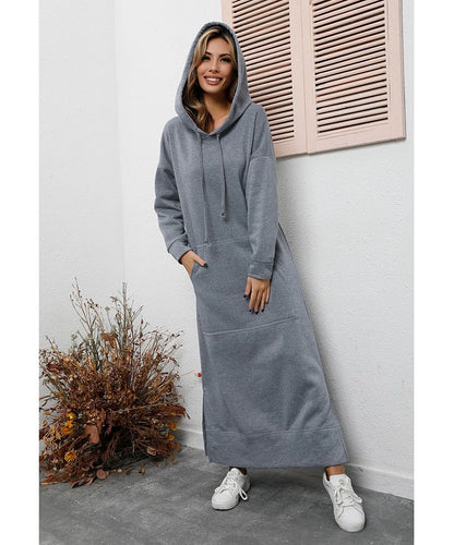 Women's Hoodie Midi Dress – Lace-Up Hem Hooded Sweatshirt Dress – Casual Loose Long Dress for Autumn & Winter