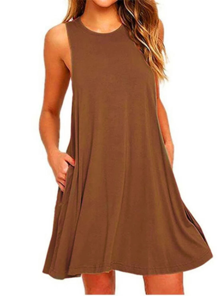 With Pocket Solid Color Sleeveless Loose Dress Women O Neck Mini Causal Dress Office Club Party Vestidos