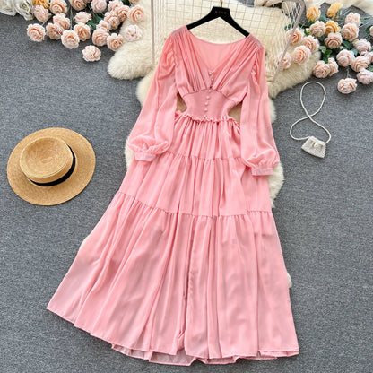 Vintage Chiffon Long Dress Women Elegant V-neck Long Sleeved Casual Dresses French Pleated Slim A-line Long Robe Vestidos