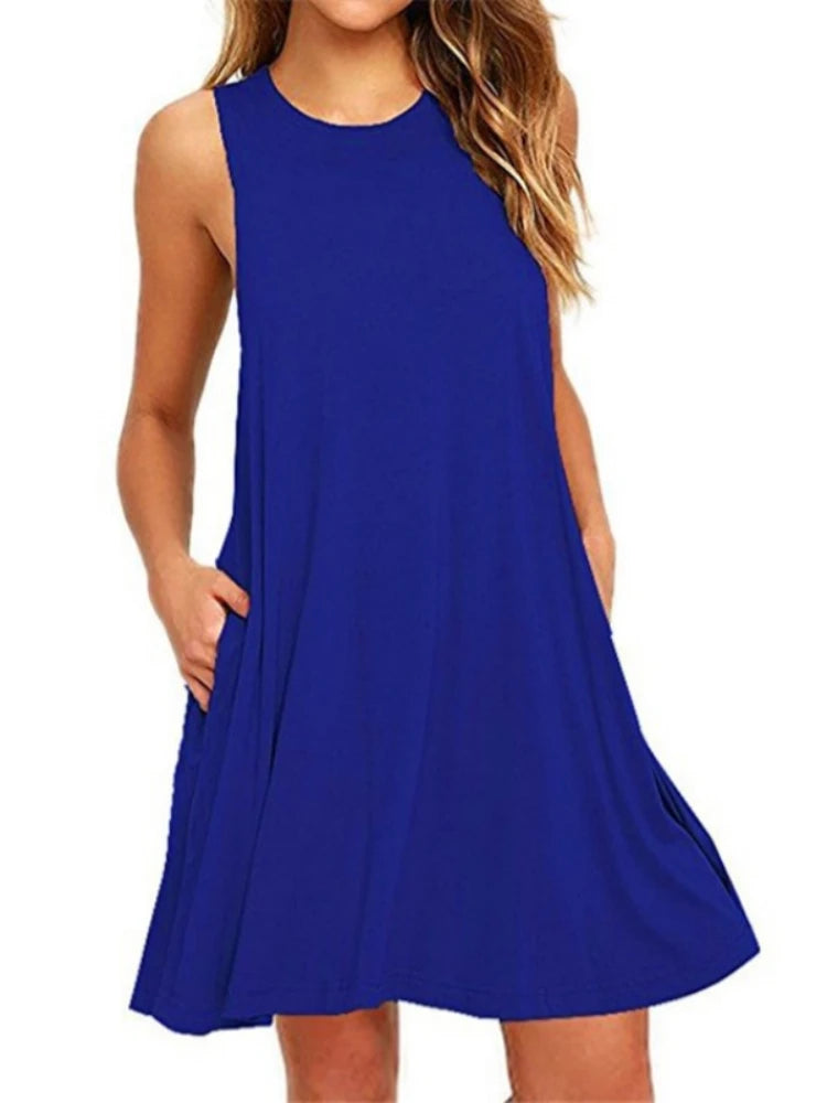 With Pocket Solid Color Sleeveless Loose Dress Women O Neck Mini Causal Dress Office Club Party Vestidos