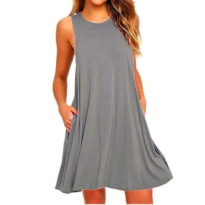 With Pocket Solid Color Sleeveless Loose Dress Women O Neck Mini Causal Dress Office Club Party Vestidos
