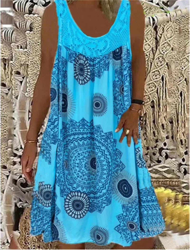 Women’s Sleeveless Boho Print Dress – A-Line Pleated Hem Lace Splice Knee-Length Summer Dress – Casual, Holiday & Beach – Sizes S–XXXL