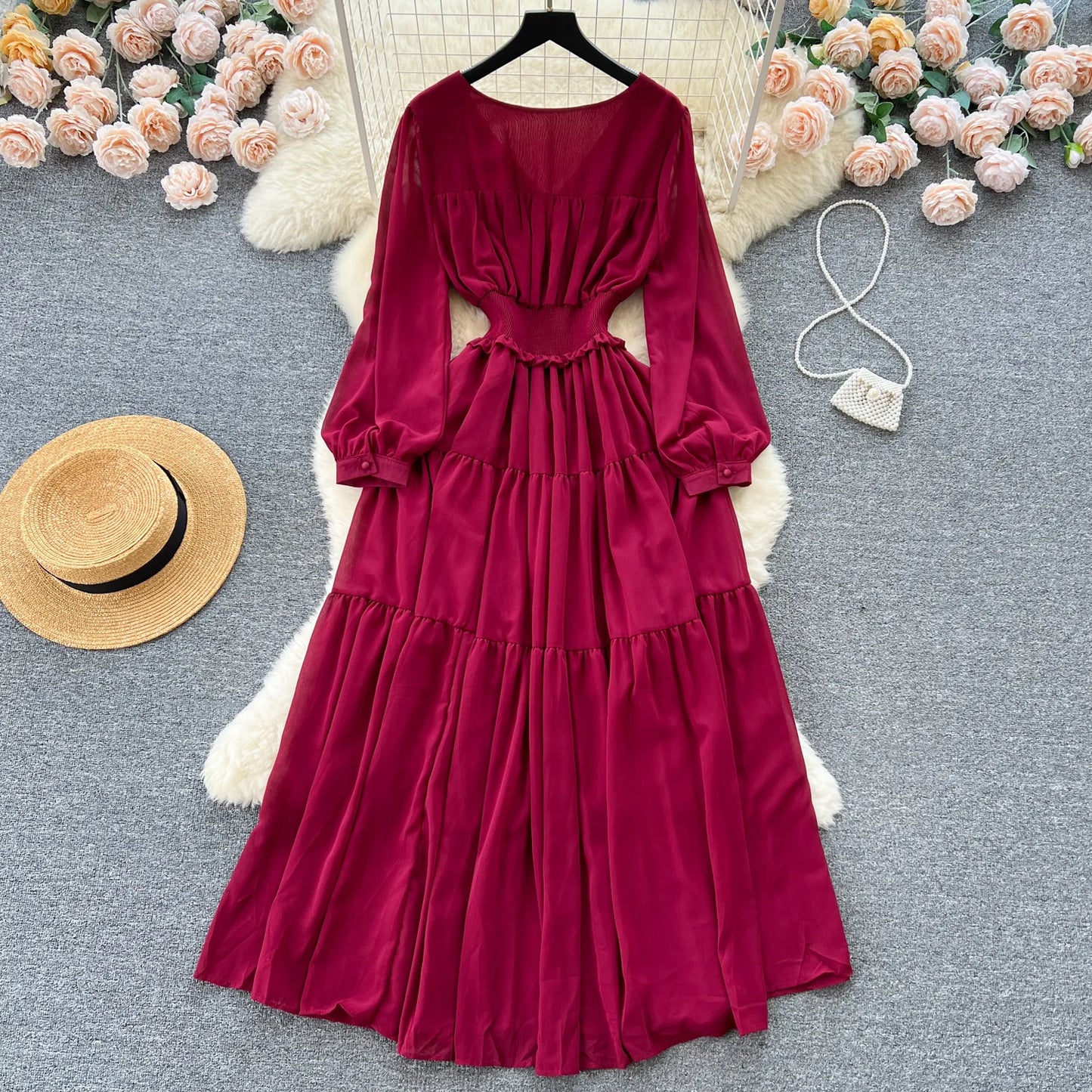 Vintage Chiffon Long Dress Women Elegant V-neck Long Sleeved Casual Dresses French Pleated Slim A-line Long Robe Vestidos