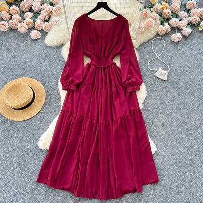 Vintage Chiffon Long Dress Women Elegant V-neck Long Sleeved Casual Dresses French Pleated Slim A-line Long Robe Vestidos
