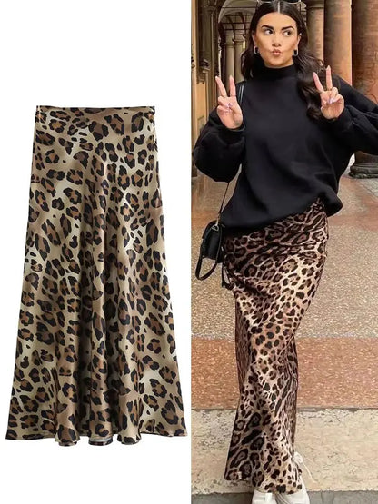 Women's Leopard Print Midi Skirt | High Waist, A-Line, Loose Fit