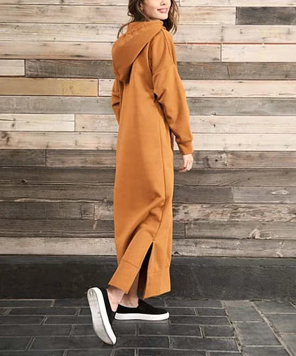 Women's Hoodie Midi Dress – Lace-Up Hem Hooded Sweatshirt Dress – Casual Loose Long Dress for Autumn & Winter