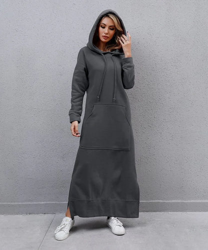 Women's Hoodie Midi Dress – Lace-Up Hem Hooded Sweatshirt Dress – Casual Loose Long Dress for Autumn & Winter