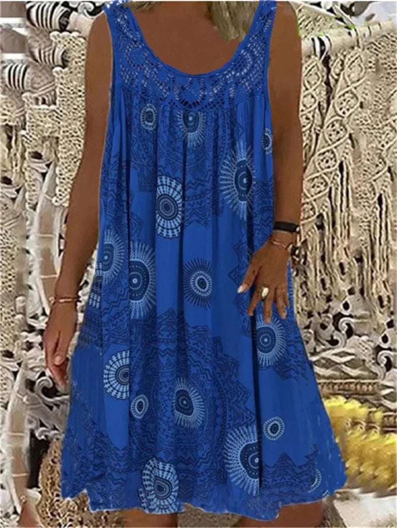Women’s Sleeveless Boho Print Dress – A-Line Pleated Hem Lace Splice Knee-Length Summer Dress – Casual, Holiday & Beach – Sizes S–XXXL