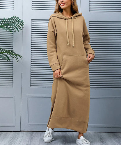 Women's Hoodie Midi Dress – Lace-Up Hem Hooded Sweatshirt Dress – Casual Loose Long Dress for Autumn & Winter