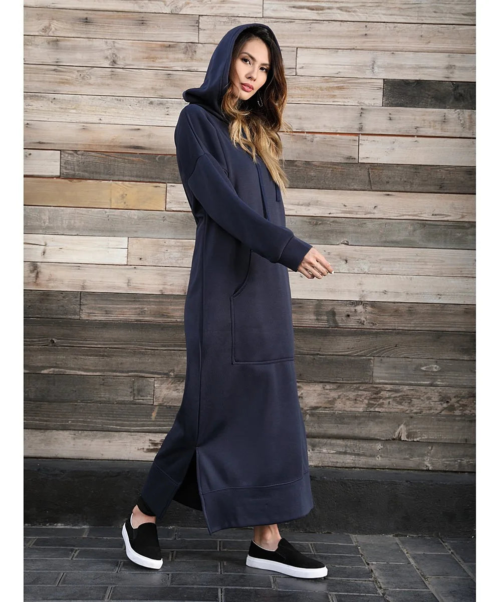 Women's Hoodie Midi Dress – Lace-Up Hem Hooded Sweatshirt Dress – Casual Loose Long Dress for Autumn & Winter