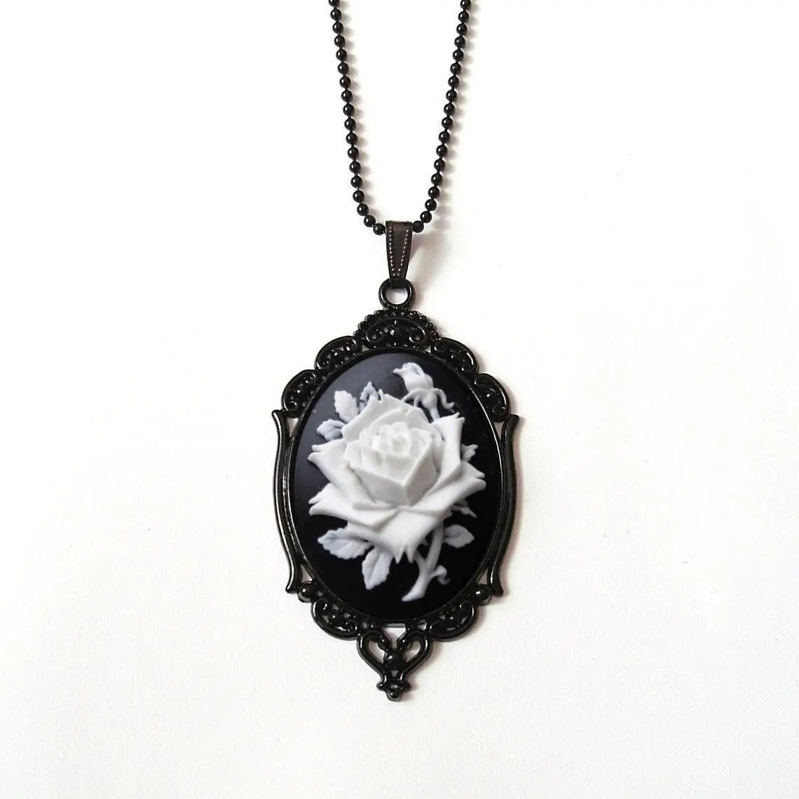 Rose Cameo Necklace, Gothic jewelry, Black bead chain, Victorian, Pagan, Alternative, Witchcraft accessories, Rose Choker, Gift