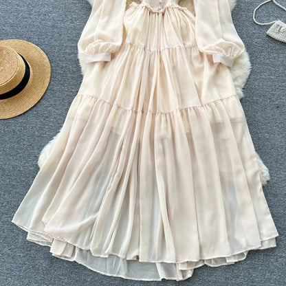 Vintage Chiffon Long Dress Women Elegant V-neck Long Sleeved Casual Dresses French Pleated Slim A-line Long Robe Vestidos